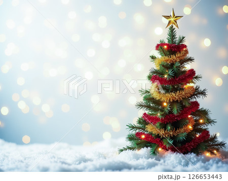 Christmas Tree with Colorful Tinsel in Snowy Landscape. AI generation 126653443
