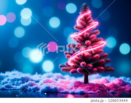 Neon Christmas Tree with Pink Lights in Snowy Setting. AI generation 126653444