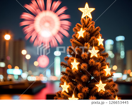 Christmas Tree with Star Decorations and Fireworks in City. AI generation 126653445
