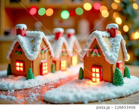 Miniature gingerbread houses decorated with lights and snow frosting. AI generation 126653456