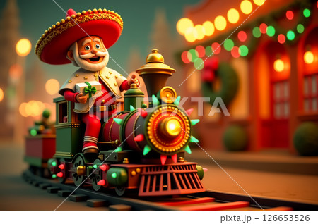 Pancho Claus driving a festive Christmas train decorated lights and carrying gifts. AI generation 126653526