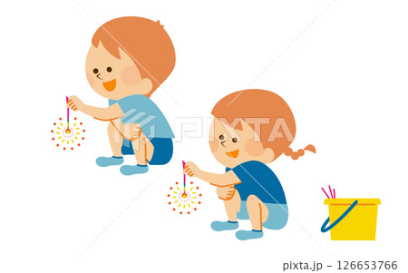 花火をする子供達 夏休み イラスト素材 花火をする子供達 夏休み イラスト素材 126653766