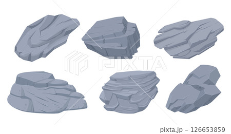 Granite stones. Mountain rock stone heap, boulder rocky stones, granite rocks and grey pebbles vector symbols illustration set. Stones collection Granite stones. Mountain rock stone heap, boulder rocky stones, granite rocks and grey pebbles vector symbols illustration set. Stones collection 126653859