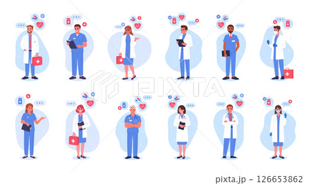 Hospital workers. Medical doctors and hospital staff, professional surgeon, therapists or neurologist characters flat vector illustration set. Doctors of medicine wearing uniform 126653862