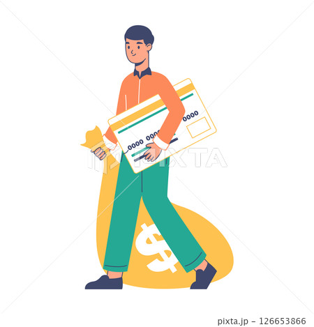 Male character with money. Successful rich man, financial well-being, men money bag flat vector illustration. Financially successful male 126653866