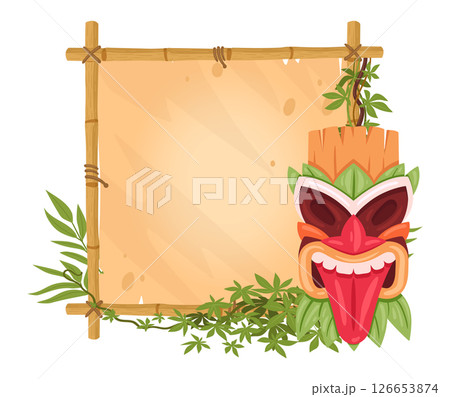 Totem sign frame. Bamboo sign board with wooden mask, tiki tribal totem bamboo frame flat vector illustration. Hawaiian or african aboriginal totem on bamboo frame 126653874