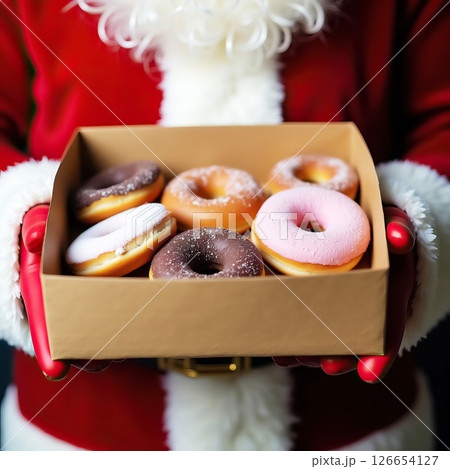Close-up of Santa holding a box of assorted donuts. AI generation 126654127