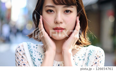 肌の潤いを実感し笑顔の若い女性6 126654761