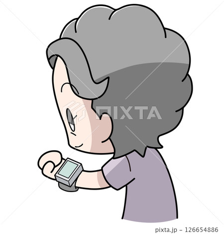 手首式の血圧計で血圧を測る高齢女性のイラスト 手首式の血圧計で血圧を測る高齢女性のイラスト 126654886
