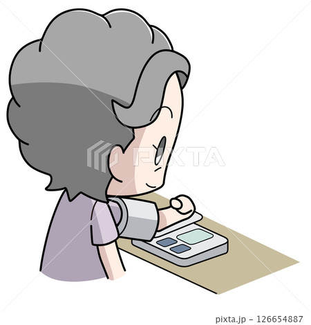上腕自動式の血圧計で血圧を測る高齢女性のイラスト 126654887