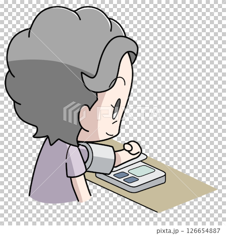 上腕自動式の血圧計で血圧を測る高齢女性のイラスト 126654887