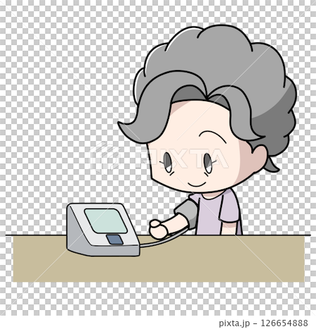 一位老年婦女使用上臂袖帶血壓監測儀測量血壓的插圖 一位老年婦女使用上臂袖帶血壓監測儀測量血壓的插圖 126654888