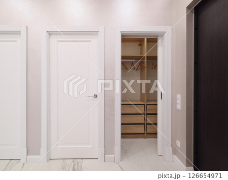 A Modern Interior Featuring an Elegant Closet Design Accompanied by Beautiful Doors A Modern Interior Featuring an Elegant Closet Design Accompanied by Beautiful Doors 126654971