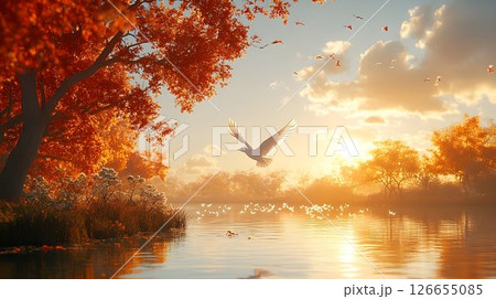 Serene Autumn Landscape with Birds Flying at Sunset 126655085