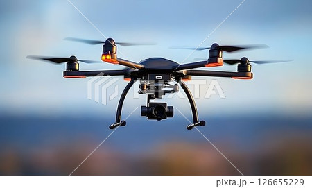 Modern drone with camera flying in the sky for aerial photography and videography 126655229