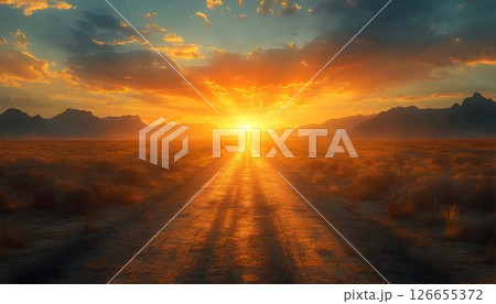 Serene sunset painting a vibrant golden path across the arid landscape 126655372