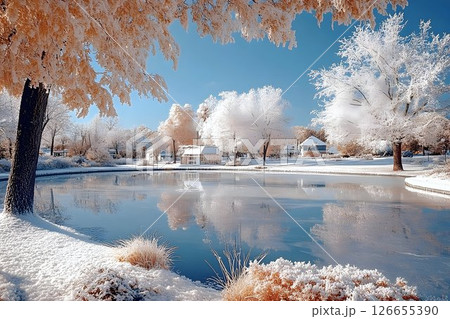 Winter serenity, A picturesque snow-covered scene with reflective lake Winter serenity, A picturesque snow-covered scene with reflective lake 126655390