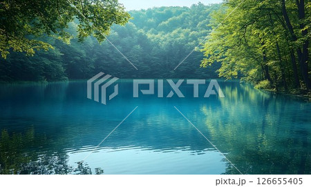Serene turquoise lake surrounded by lush green forest landscape 126655405