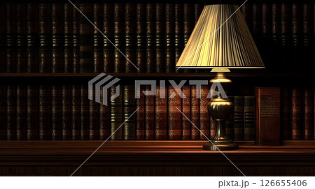 Classic library ambiance with antique books and a golden lamp casting light 126655406