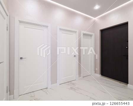 A Modern Entryway Featuring Stylish Doors Along with Elegant Lighting for an Inviting Atmosphere 126655443
