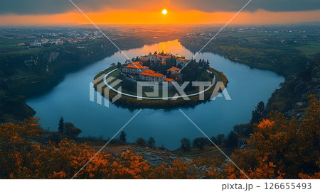 Aerial View of a Tranquil Island Villa at Sunset on Lake Surrounded by Lush Greenery and a Coastal Village 126655493