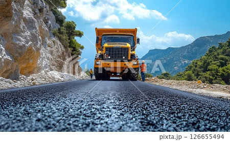 Heavy Machinery in Road Construction Project with Mountain Backdrop 126655494