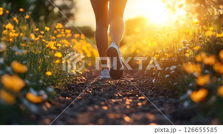 Woman's legs walking on a path with wildflowers at golden hour during sunset Woman's legs walking on a path with wildflowers at golden hour during sunset 126655585