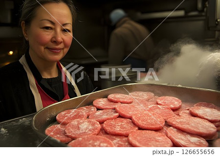 Dedicated Asian Chef Preparing Delicious Red Meat Patties with Care 126655656