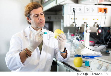 Geneticist working in laboratory, injecting additives into apple during experiments with genetically modified apple 126656009