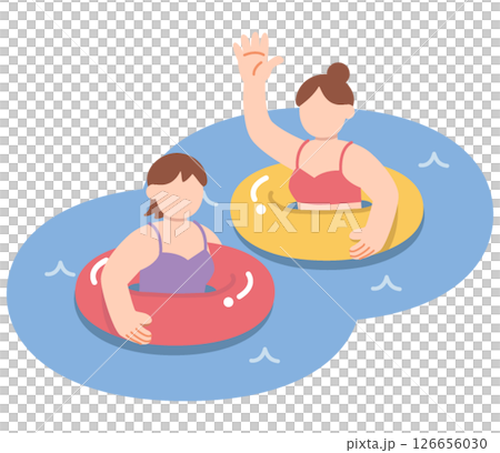 Illustration of two women swimming in the ocean with swim rings Illustration of two women swimming in the ocean with swim rings 126656030