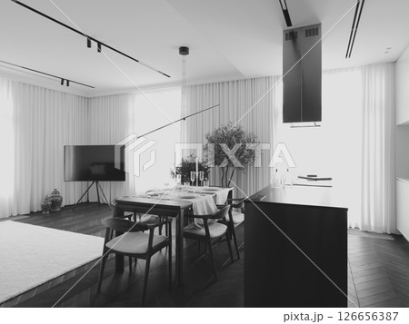 A Modern and Minimalist Living Space Featuring a Dining Area and Cable Television Setup A Modern and Minimalist Living Space Featuring a Dining Area and Cable Television Setup 126656387