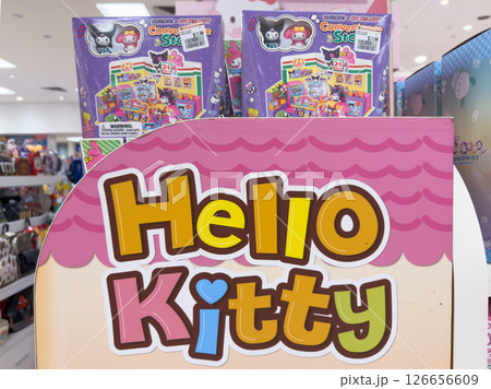 Hello Kitty merchandise display featuring colorful toys and playful branding in a retail store Hello Kitty merchandise display featuring colorful toys and playful branding in a retail store 126656609