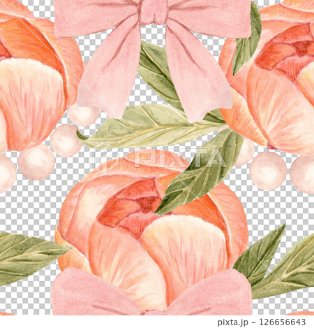Pink bows, peonies, green leaves, and pearls seamless watercolor pattern on white background . Hand-painted in soft tones. Perfect for textiles, packaging, wallpapers, stationery, weddings, and 126656643