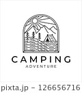 camping logo line art simple minimalist vector illustration template icon design. adventure and wanderlust symbol for activity outdoor summer camp with badge concept 126656716
