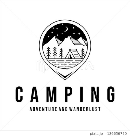 camping logo line art vector illustration template icon design. adventure and wanderlust concept with vintage night at forest and mountain place camping logo line art vector illustration template icon design. adventure and wanderlust concept with vintage night at forest and mountain place 126656750