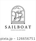sailboat logo line art simple minimalist vector illustration template icon design. nautical yacht or marine concept with ship at ocean with badge label emblem 126656751
