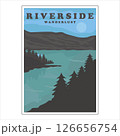 riverside or lake vintage poster vector background illustration template design. adventure at the nature concept wanderlust retro poster 126656754