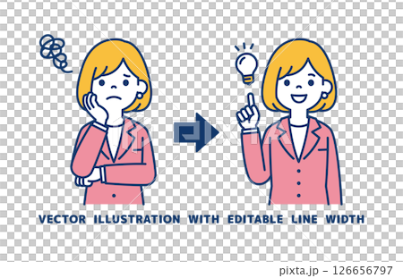 女職員思考姿勢和靈感姿勢的向量插圖_線寬可編輯 126656797