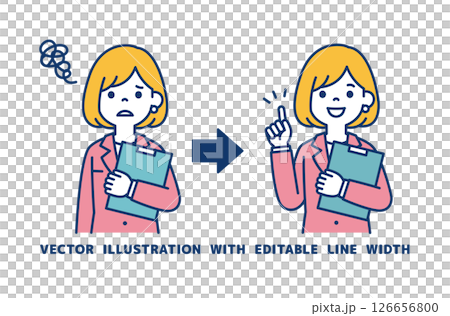 一位女性辦公室職員的向量插圖，她表情困惑又充滿靈感_線條寬度可以編輯 126656800