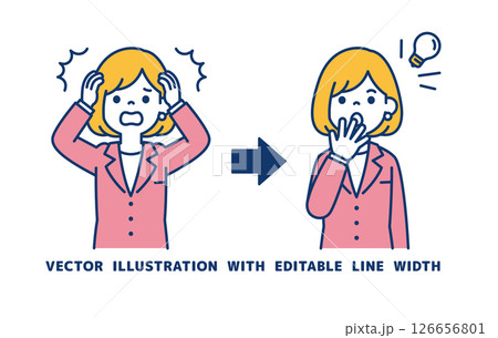 失敗の解決方法を思いついた、女性会社員のベクターイラスト素材_線幅の編集可能 失敗の解決方法を思いついた、女性会社員のベクターイラスト素材_線幅の編集可能 126656801
