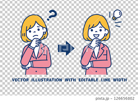 Vector illustration of a female office worker in a worried pose and a thoughtful pose_Line width can be edited Vector illustration of a female office worker in a worried pose and a thoughtful pose_Line width can be edited 126656802