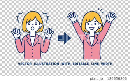Vector illustration of a female office worker in a surprised pose and an overjoyed pose_Line width can be edited 126656806