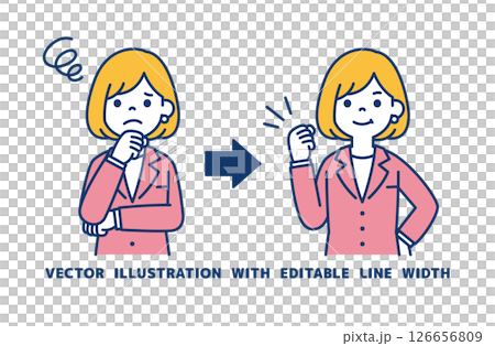Vector illustration of a female office worker solving a problem_Line width can be edited Vector illustration of a female office worker solving a problem_Line width can be edited 126656809