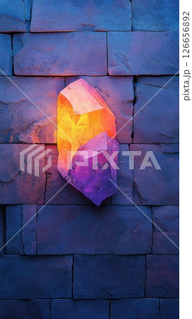 Glowing crystal shining in the middle of a cracked brick wall under vibrant light 126656892