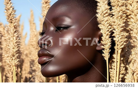 Contemplative beauty, portrait of a woman amidst golden wheat field 126656938