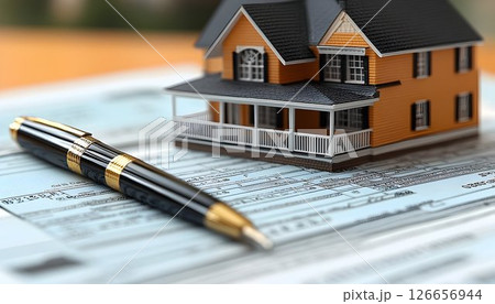 Illustrative House Model on Contract Document with Pen for Ownership Transfer 126656944