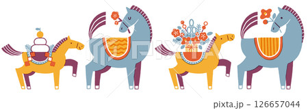 午年年賀状イラスト素材セット（馬の親子と華やかなお正月) 126657044