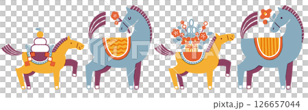 午年年賀状イラスト素材セット（馬の親子と華やかなお正月) 126657044