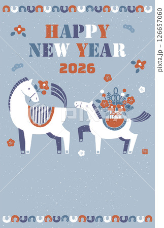 2026年　午年年賀状イラスト（馬の親子と華やかなお正月) 126657060