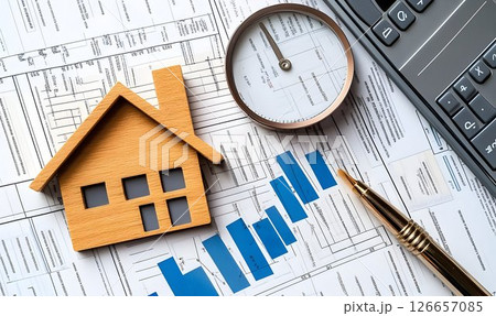 Real estate market financial analysis with house model and calculator 126657085